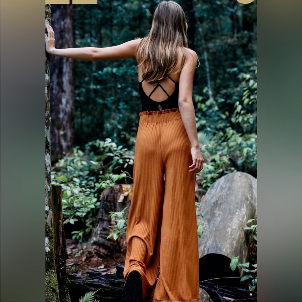 Free People Movement Blissed Out Pant Long Wide Leg Stretch Ribbed Brown - Picture 5 of 17